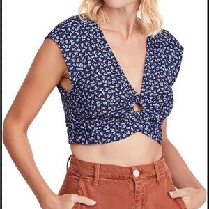 Free People Womens Havana Honey V-Neck Woven Crop Top Blue- size small